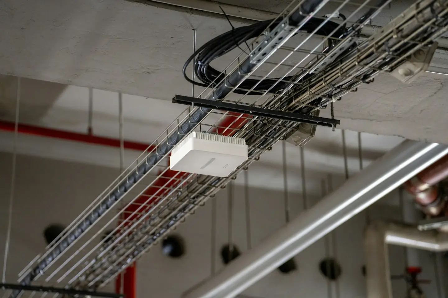 Network equipment mounted on a ceiling cable tray